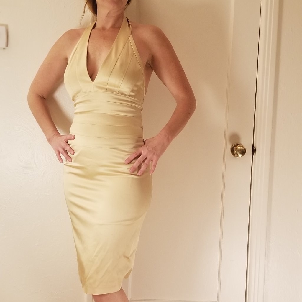 Papell Boutique Evening Gold Backless Halter Dress